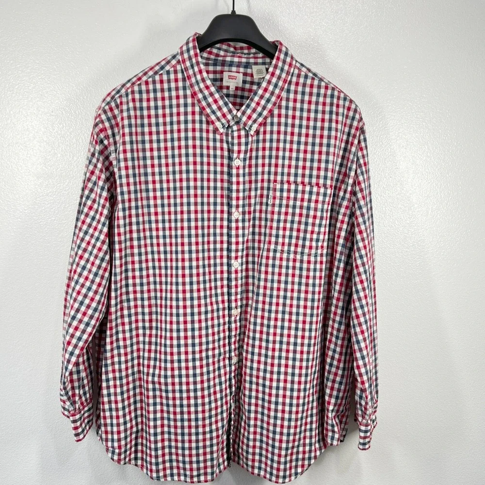 Levi's Button Down Shirt Red White & Blue Gingham Check Long Sleeve‎ Cotton 4XL